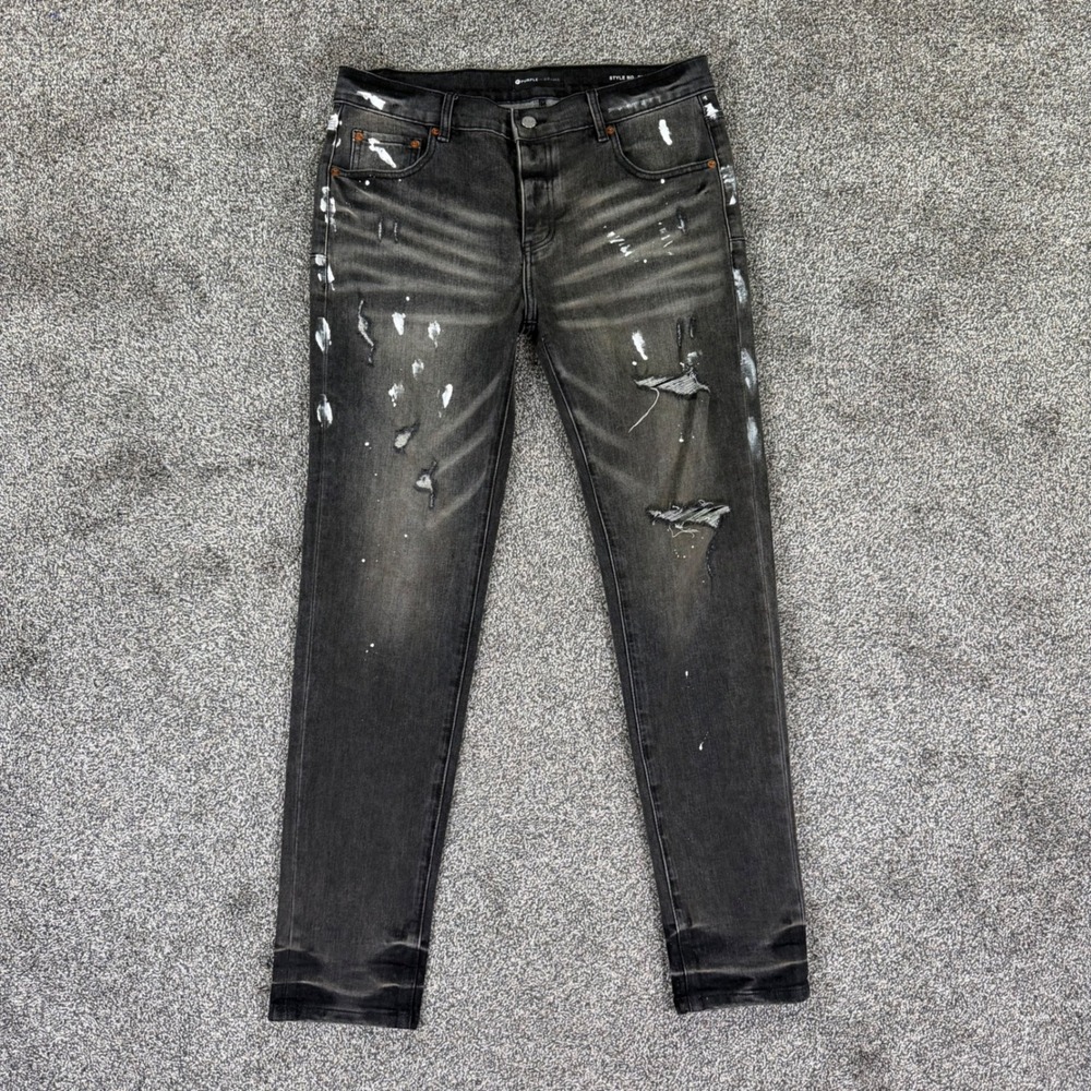 Purple Brand P001 Distressed Skinny Jeans Black Paint Splatter Men 34 Streetwear